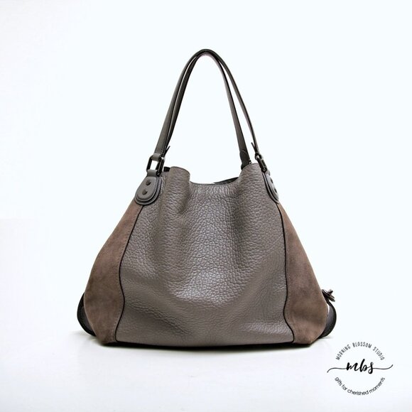 Coach Edie 42 Pebble Leather with Suede Sides Hobo Shoulder Bag Gray Tan - Picture 2 of 16